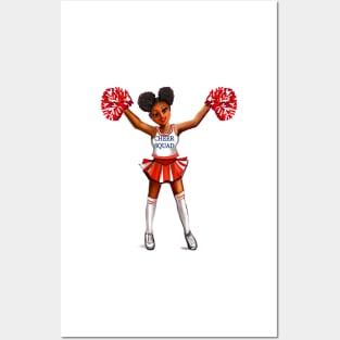 Inspirational motivational affirmation Cheer leader with Pom poms - Cheer Squad - anime girl cheerleader with Afro hair in puffs, brown eyes and dark brown skin side profile. Hair love ! Posters and Art